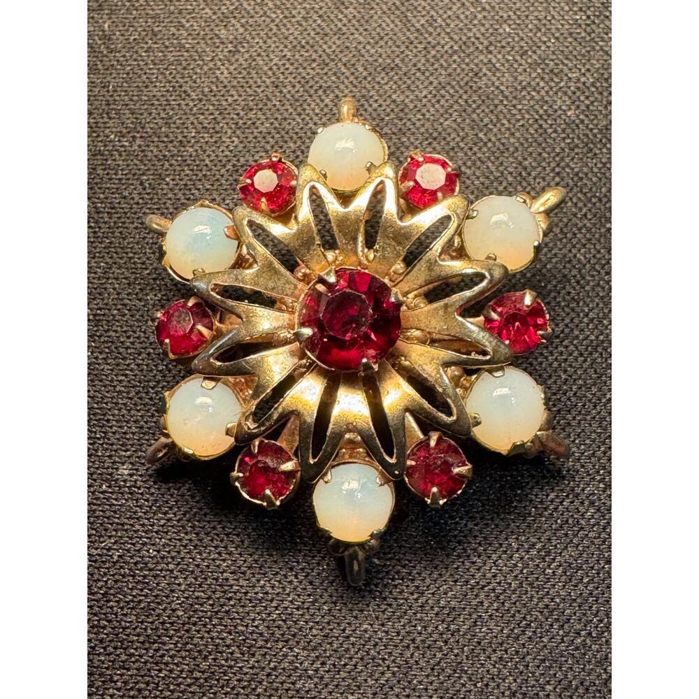 Vintage 1950's Opal Garnet Gemstone Gold Tone Starburst Brooch